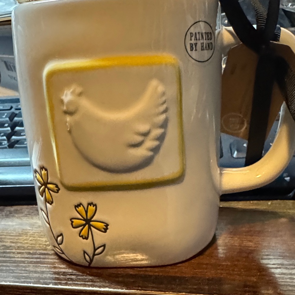 Rae Dunn NWT Farm Girl Ceramic Mug with Yellow Flower Design - Picture 2 of 2